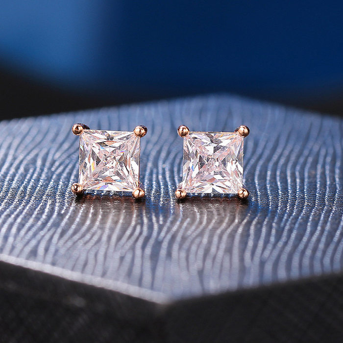 Simple Style Square Copper Inlay Zircon Ear Studs 1 Pair