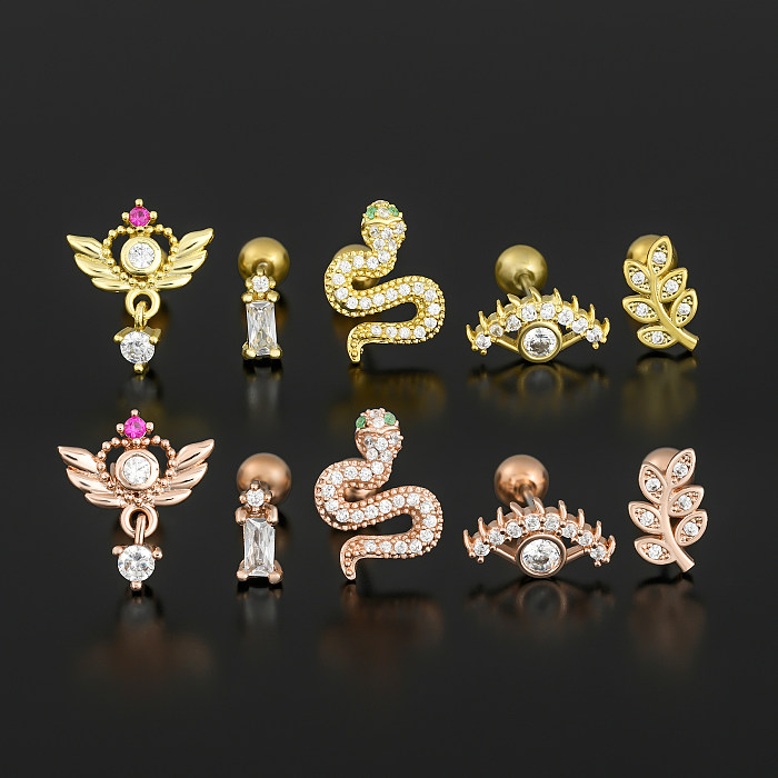 1 Piece IG Style Simple Style Leaves Wings Snake Plating Inlay Brass Zircon 18K Gold Plated White Gold Plated Sleeper Earrings  Ear Studs