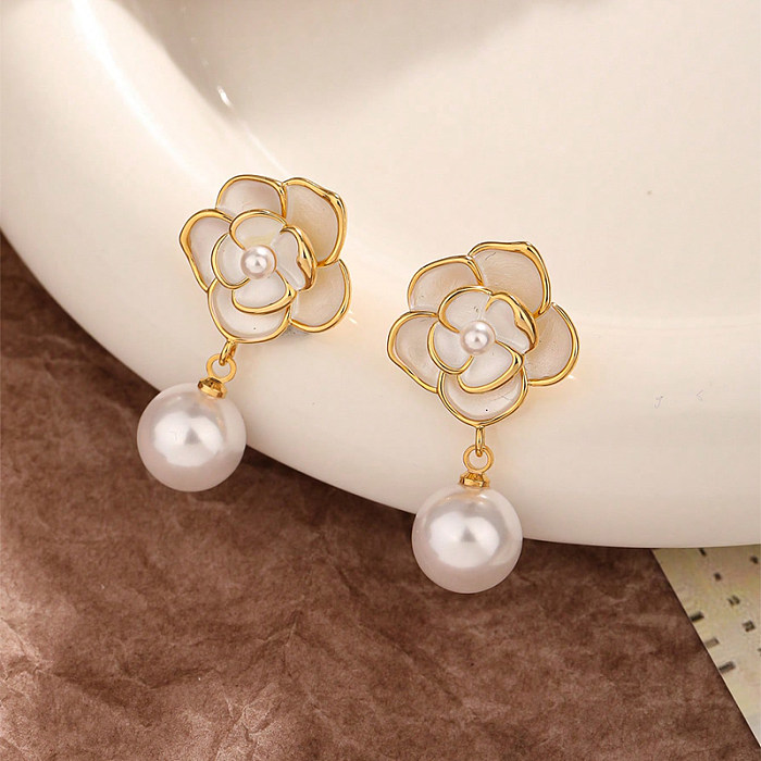 1 Pair Elegant Retro Flower Painted Enamel Imitation Pearl Copper Drop Earrings