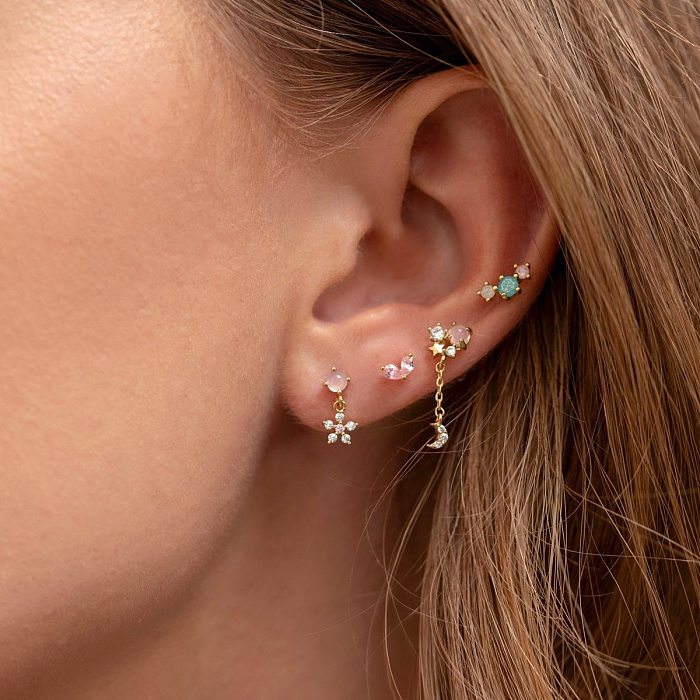 Fashion Moon Flower Copper Inlaid Zircon Earrings 1 Set