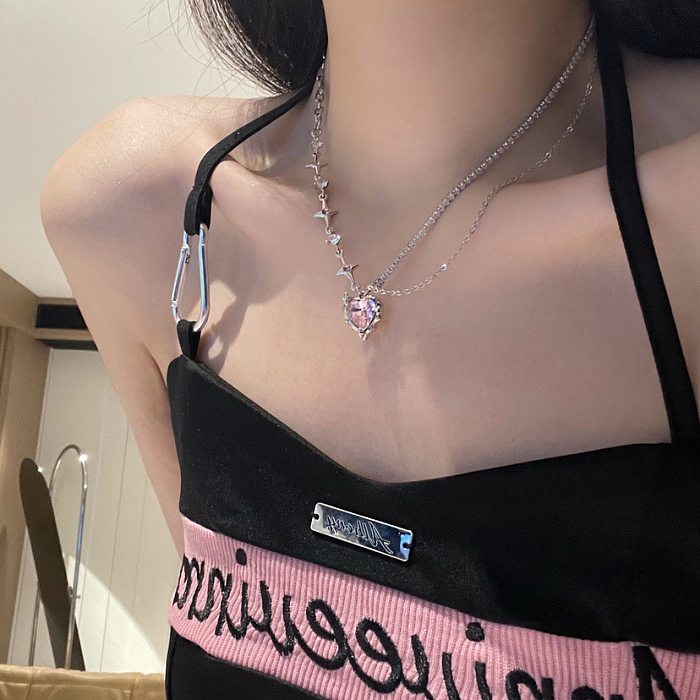 Sweet Cool Style Star Heart Shape Copper Inlay Rhinestones Necklace