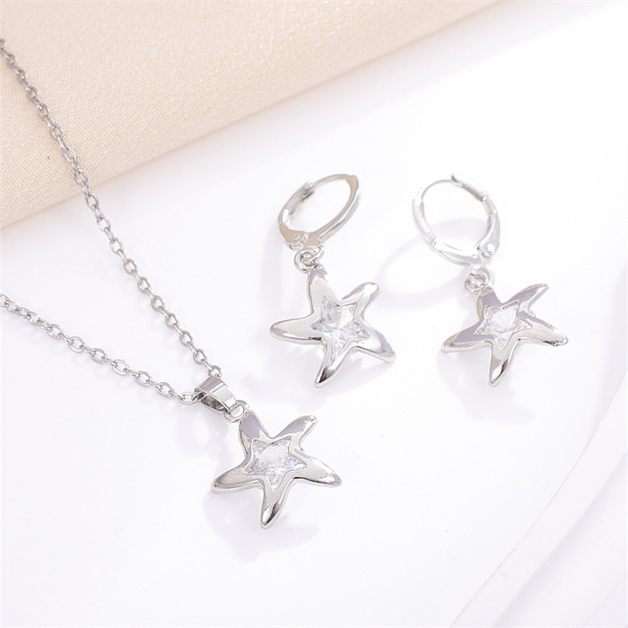 Süße koreanische Art Pentagramm geometrische Blume Kupfer Inlay Zirkon Ohrringe Halskette