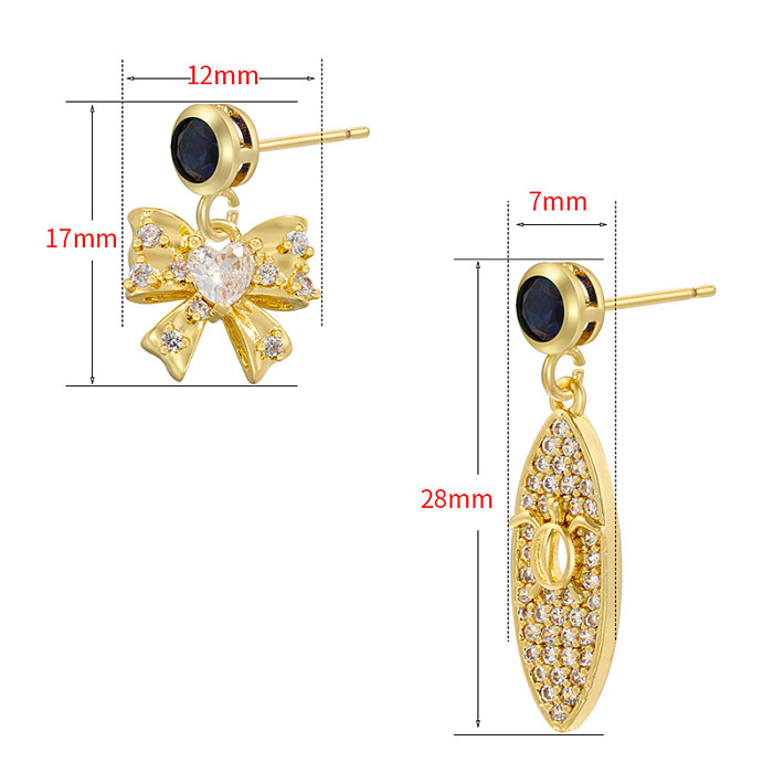 1 Pair IG Style Cool Style Tortoise Water Droplets Bow Knot Plating Hollow Out Inlay Copper Zircon 18K Gold Plated Drop Earrings