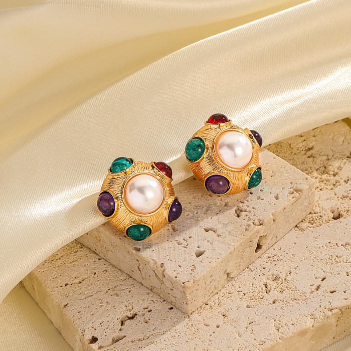 1 par de pendientes Retro chapados en estrella de mar ovalados con incrustaciones de cobre, diamantes de imitación de perlas de imitación, pendientes chapados en oro de 18K