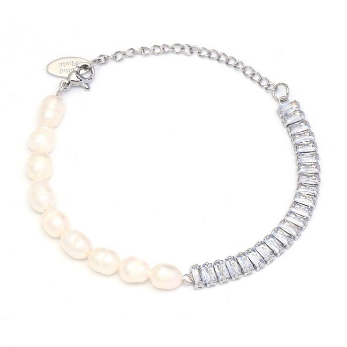 Pulseras de circón con perlas de agua dulce con incrustaciones de cobre geométricas de estilo simple y dulce