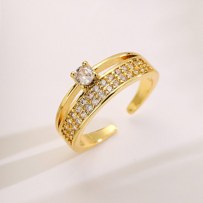 Casual Commute Solid Color Copper 18K Gold Plated Zircon Open Ring In Bulk