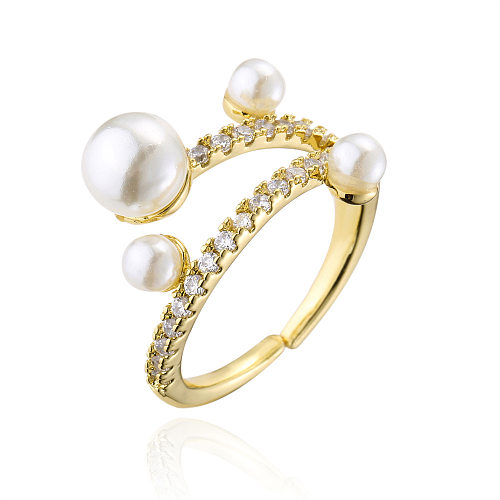 Plated 18K Gold Micro-encrusted Zircon Pearl Geometric Open Copper Ring Female