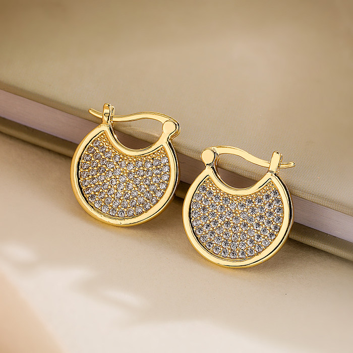 1 paire de boucles d'oreilles élégantes en cuivre et Zircon, plaqué or 18 carats, avec incrustation géométrique