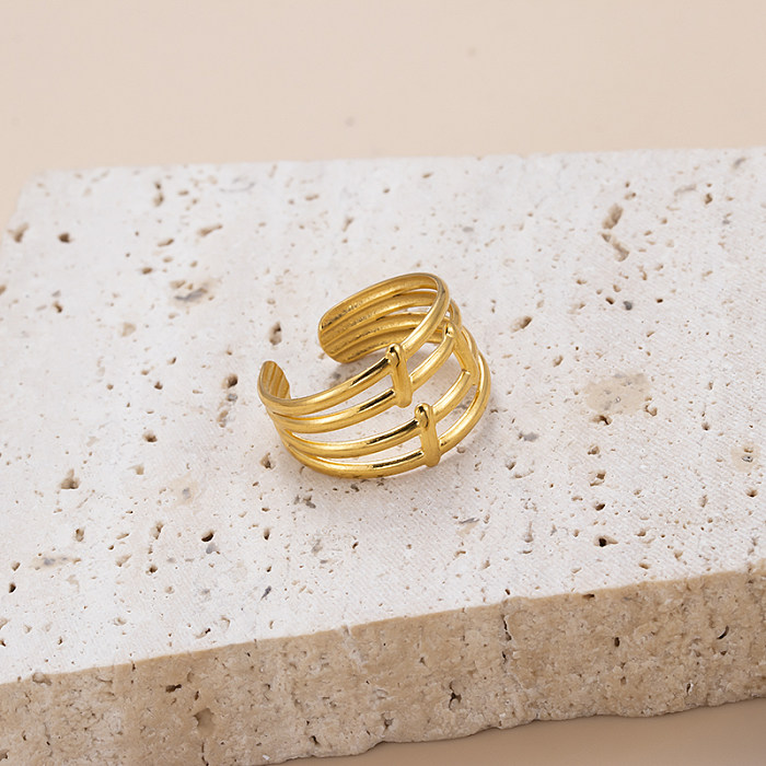 O chapeamento de aço inoxidável geométrico de Streetwear escava o anel aberto banhado a ouro 18K
