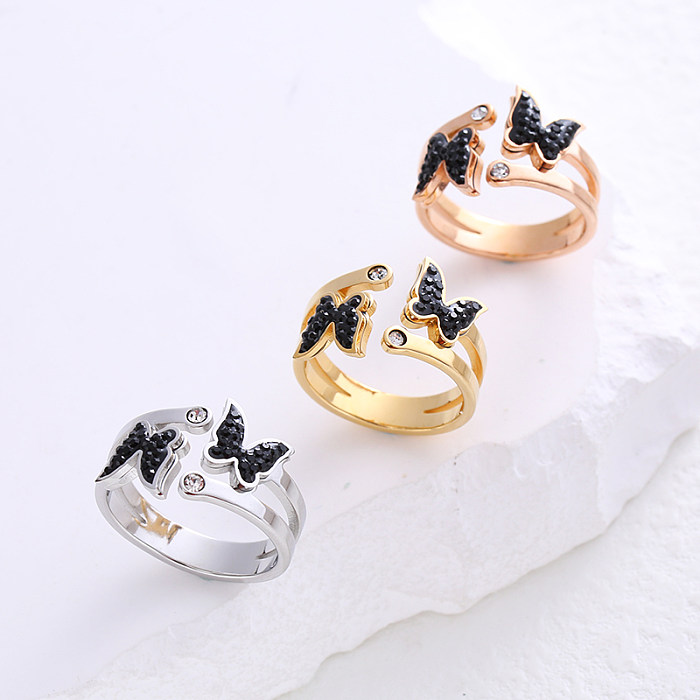 Simple Style Commute Butterfly Stainless Steel Inlay Rhinestones 24K Gold Plated Rings