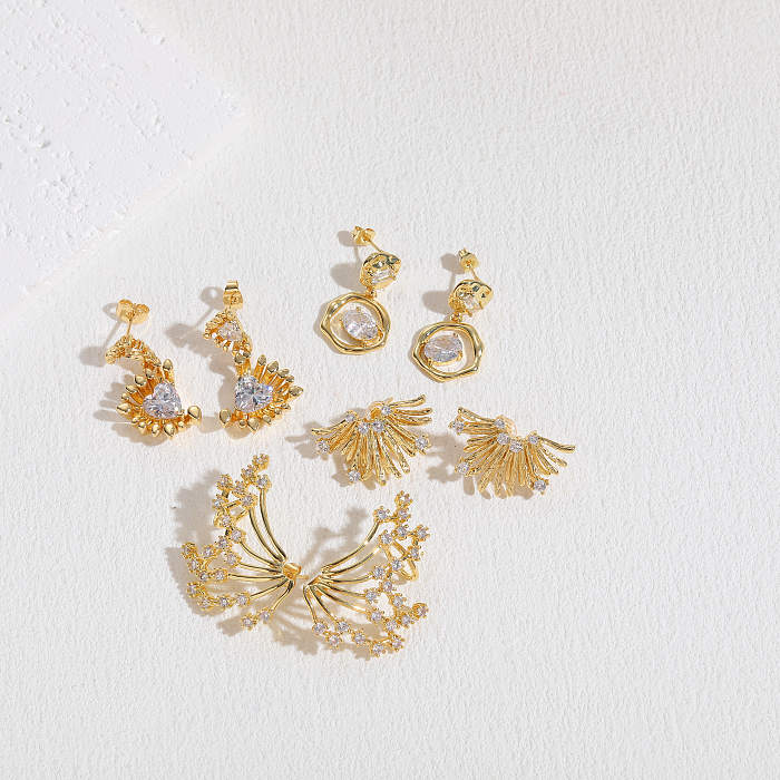 1 Paar elegante, luxuriöse, klassische, ovale, herzförmige, plattierte Ohrringe aus Kupfer mit Zirkon und 14-Karat-Vergoldung