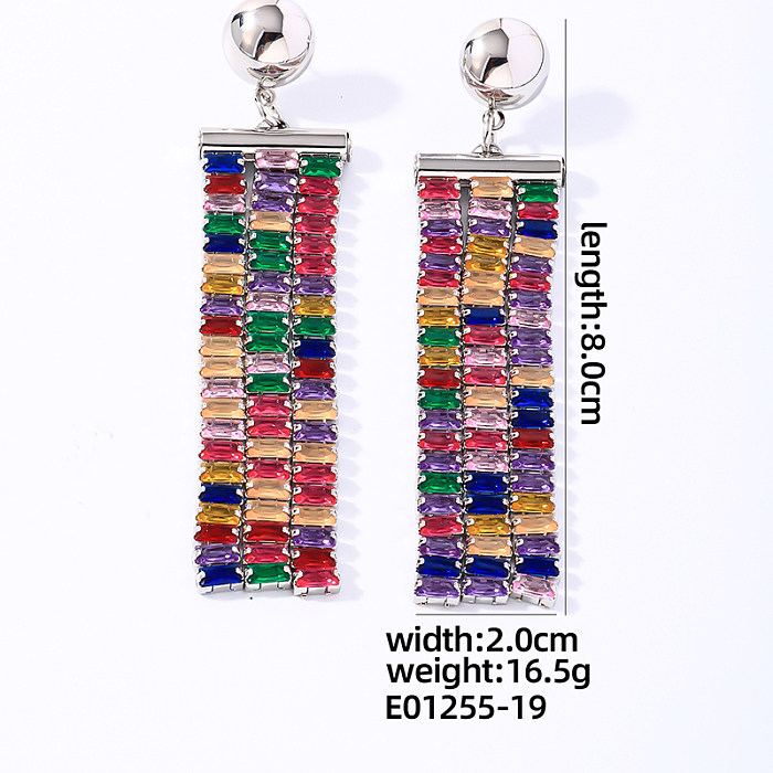 1 par de pendientes colgantes chapados en oro blanco con incrustaciones rectangulares redondas brillantes y brillantes