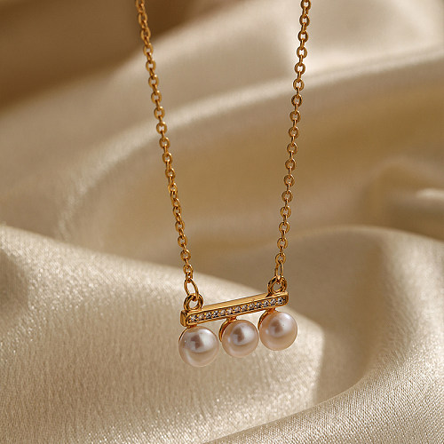 Collier plaqué or 18 carats avec incrustation ronde en cuivre et perles d'eau douce en zircon de style simple de style IG