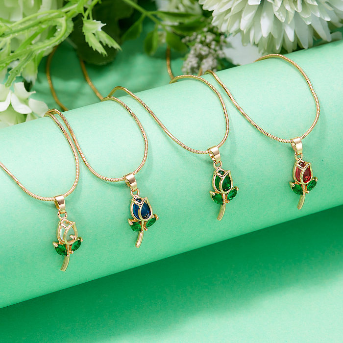Süße Tulpen-Halskette mit Kupferüberzug und Intarsien-Strasssteinen