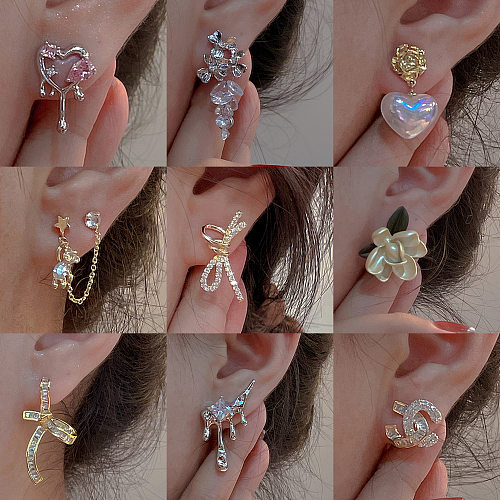 Boucles d'oreilles pendantes en forme de cœur, incrustation de cuivre en forme de fleur, clous d'oreilles en Zircon, 1 paire