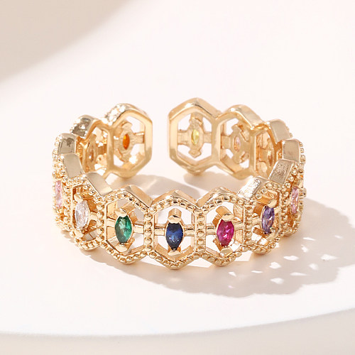 Elegant Streetwear Geometric Copper Inlay Zircon Open Rings