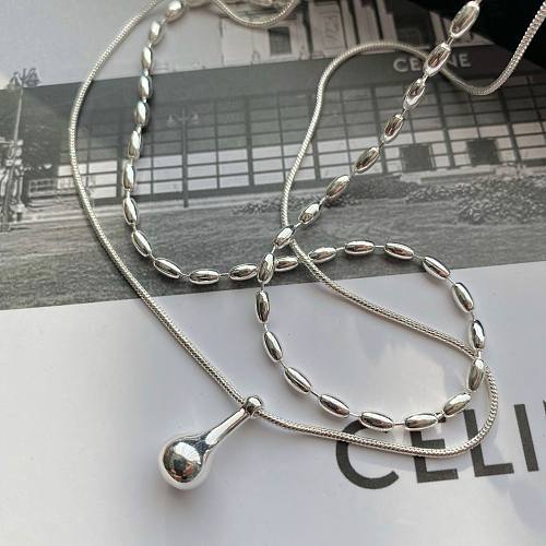 New Minimalist Olive Beads Double Layer Silver Electroplated Necklace Ins Niche Normcore Bag Water Drop Pendant Temperament Clavicle Chain