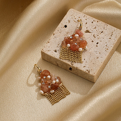 Boucles d'oreilles à pampilles irrégulières, 1 paire, incrustation de perles en cuivre et Zircon