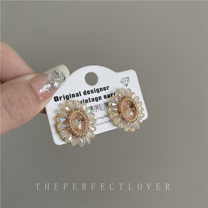 1 Pair Sweet Shiny Flower Plating Inlay Copper Crystal Rhinestones Ear Studs