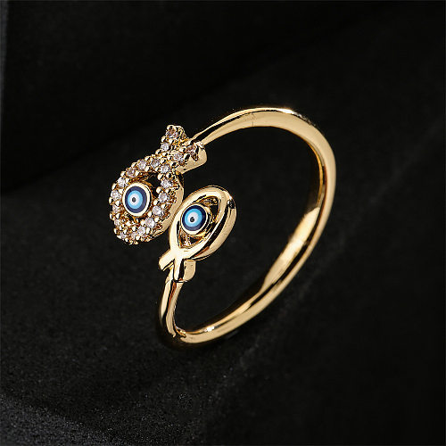 Moda pingando óleo olho do diabo anel de cobre banhado a ouro duplo design de peixe anel aberto geométrico