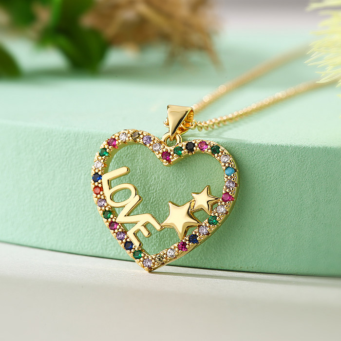Simple Style Commute Letter Star Heart Shape Copper Plating Inlay Zircon 18K Gold Plated Pendant Necklace