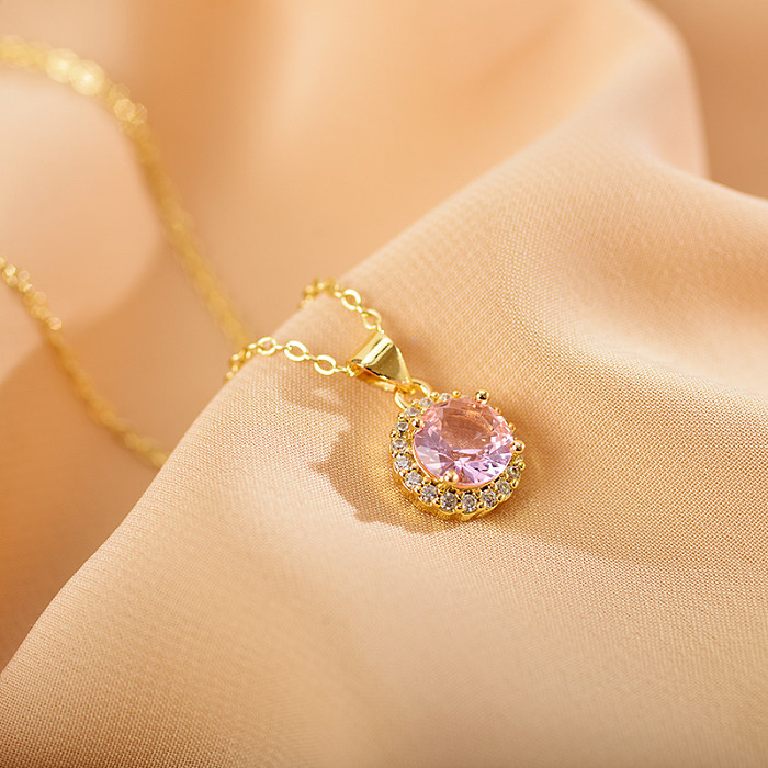 Elegante romântico redondo cobre chapeamento embutido zircão colar pingente banhado a ouro