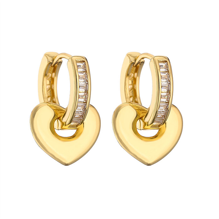 1 paire de boucles d'oreilles élégantes en forme de cœur, incrustation de cuivre et de Zircon plaqué or, clous d'oreilles