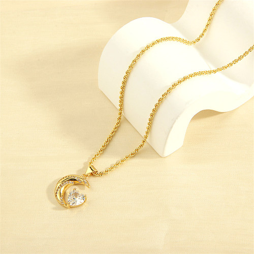 Luxuoso colar com pingente de zircão banhado a ouro 18K em formato de coração e lua brilhante a granel