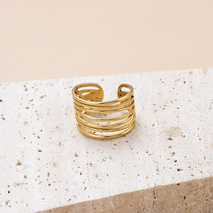 Retro Stripe Solid Color Stainless Steel Criss Cross Plating Hollow Out 18K Gold Plated Open Ring