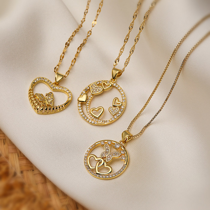 Sweet Simple Style Commute Heart Shape Butterfly Copper Plating Inlay Zircon 18K Gold Plated Pendant Necklace