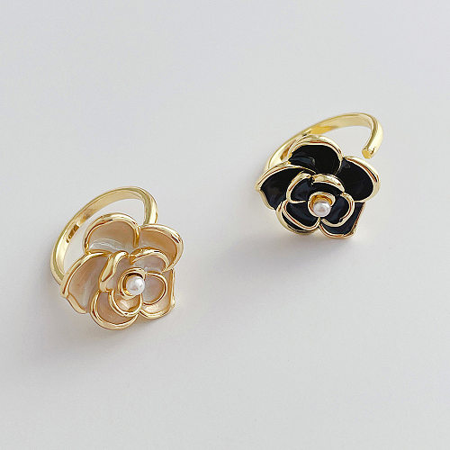 Fashion Flower Copper Enamel Inlay Pearl Rings 1 Piece