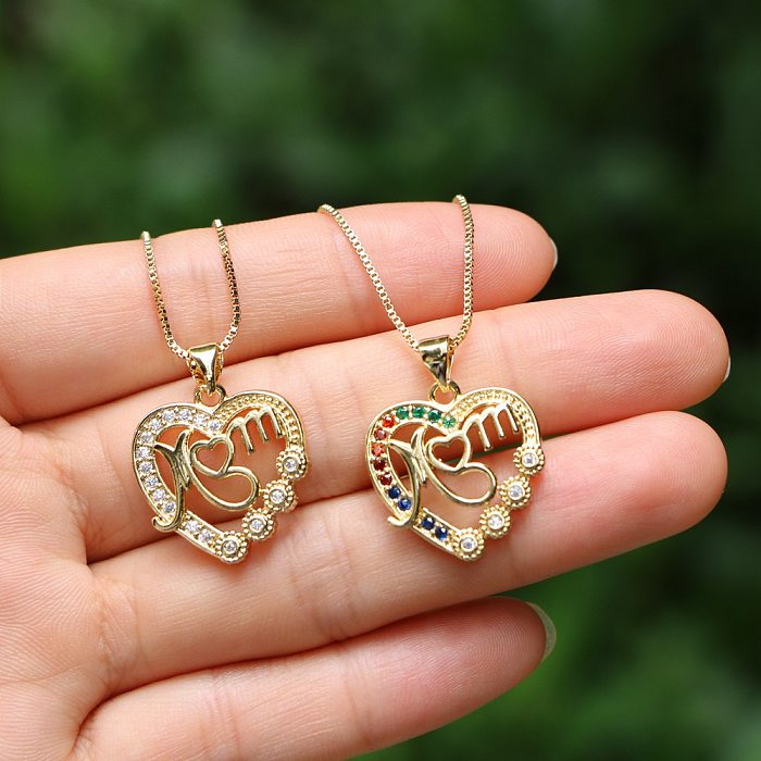 Fashion Letters MOM Hollow Heart-shaped Zircon Pendant Copper Clavicle Chain Jewelry