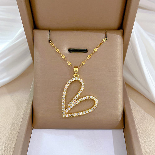 Fashion Heart Shape Stainless Steel Copper Inlay Rhinestones Pendant Necklace