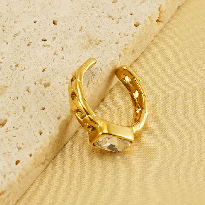 Retro Rectangle Stainless Steel Plating Inlay Zircon 18K Gold Plated Open Ring