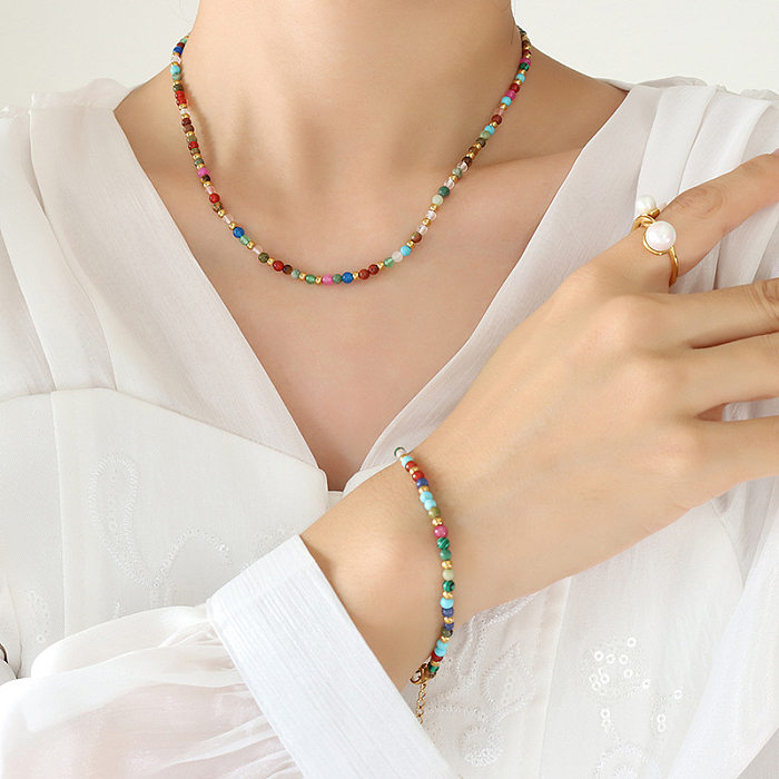 Fashion Round Natural Stone Titanium Steel Beaded Plating Bracelets Necklace 1 Piece