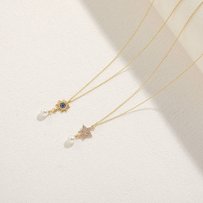 Elegante, klassische Pentagramm-Teufelsauge-Unendlichkeits-Kupfer-Halskette mit 14 Karat vergoldetem Perlen-Zirkon-Anhänger in großen Mengen