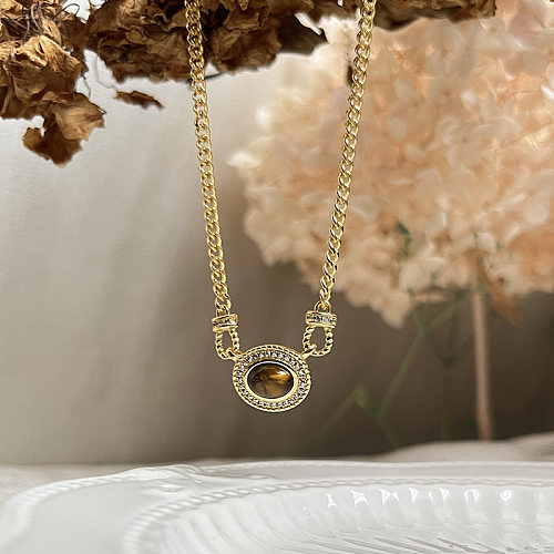 Retro Oval Copper Artificial Gemstones Pendant Necklace In Bulk