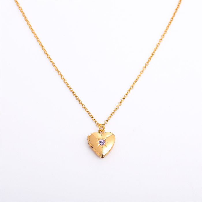 Collier pendentif rétro en forme de cœur en acier titane et cuivre avec incrustation de pierre de naissance plaquée or 14 carats