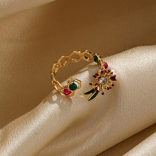 IG Style Elegant Flower Copper Plating Hollow Out Inlay Freshwater Pearl Zircon 18K Gold Plated Open Rings