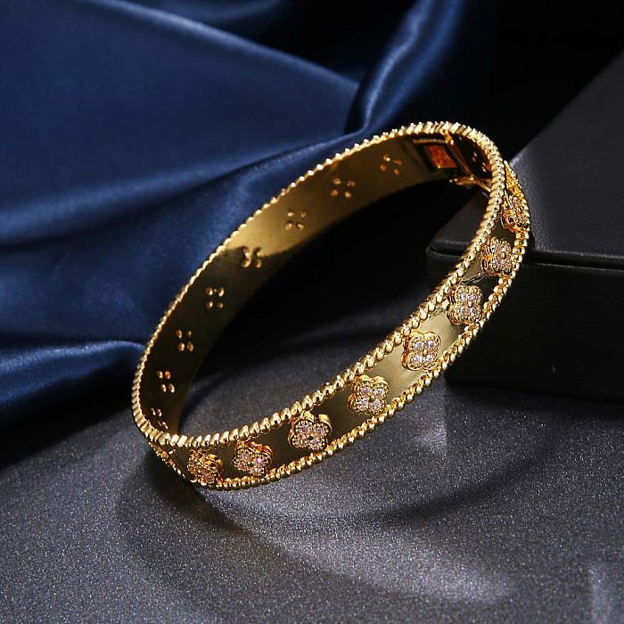 Elegante pulseira de zircão com revestimento de cobre trevo de quatro folhas para senhora