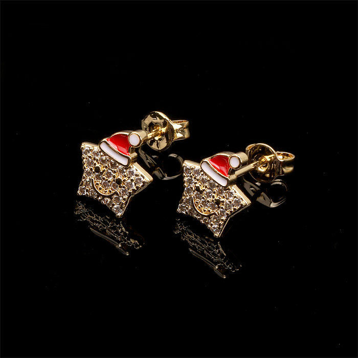 IG Style Christmas Hat Star Smiley Face Copper Enamel Plating Inlay Zircon 18K Gold Plated Rings Earrings Necklace