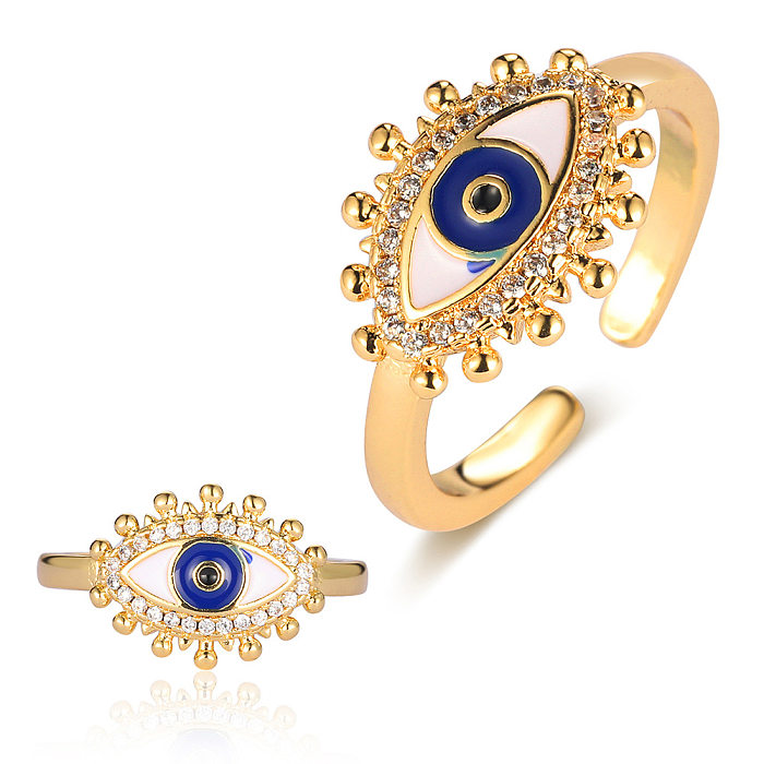 Classic Style Devil'S Eye Star Moon Copper Enamel Inlay Zircon Open Rings