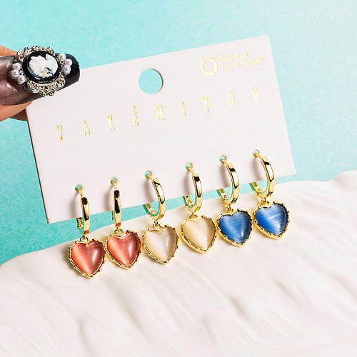 INS Style Sweet Four Leaf Clover Heart Shape Copper 14K Gold Plated Zircon Earrings In Bulk