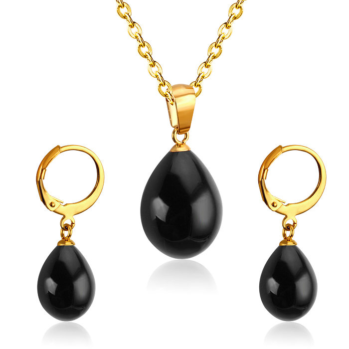 Fashion Water Droplets Stainless Steel Inlay Artificial Pearls Earrings Necklace 1 Set