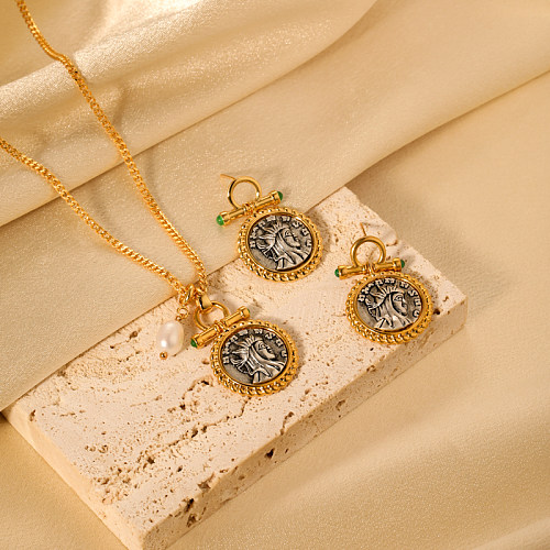 Classical Portrait Copper Plating Inlay Copper 18K Gold Plated Earrings Necklace