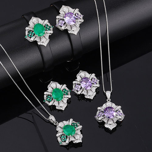 Simple Style Flower Copper Inlay Zircon Rings Necklace