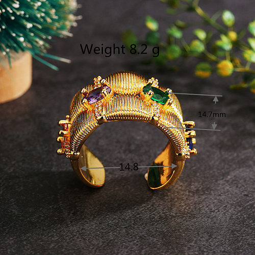 1 Piece Retro Geometric Copper Inlay Zircon Wide Band Ring Open Ring