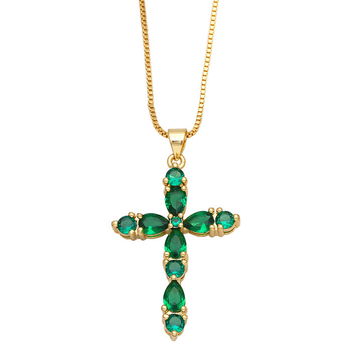 Fashion Colorful Zircon Cross Hip Hop Diamond Copper Necklace
