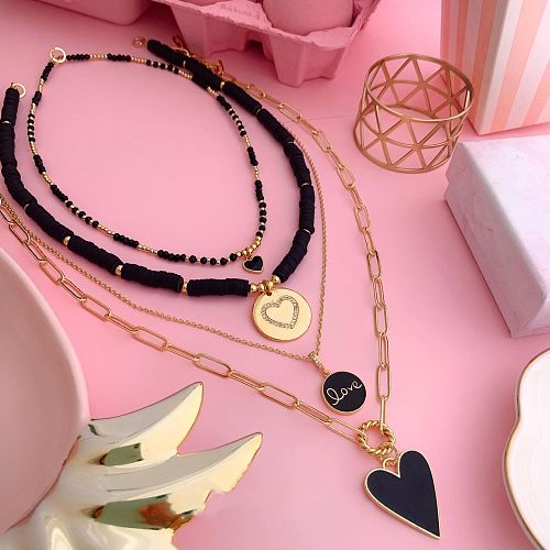 Elegant Sweet Circle Letter Heart Shape Artificial Crystal Copper Enamel Plating Inlay Rhinestones 18K Gold Plated Pendant Necklace
