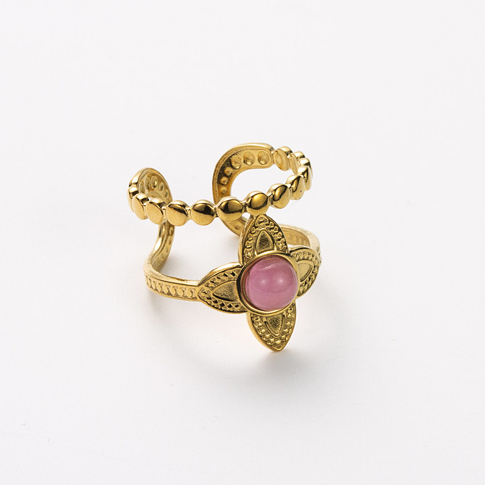 Offene Ringe mit ovaler Retro-Blume, Edelstahl-Inlay, künstlichen Edelsteinen, türkisfarbener Muschel